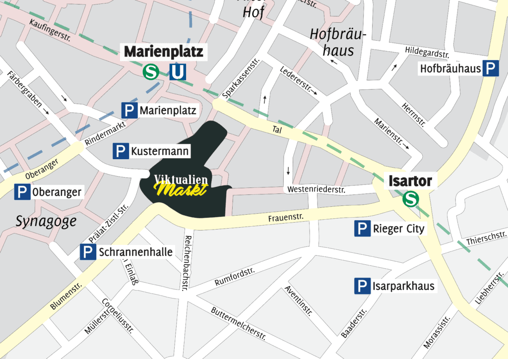 Karte rund um den Viktualienmarkt mit eingezeichneten Parkhäusern